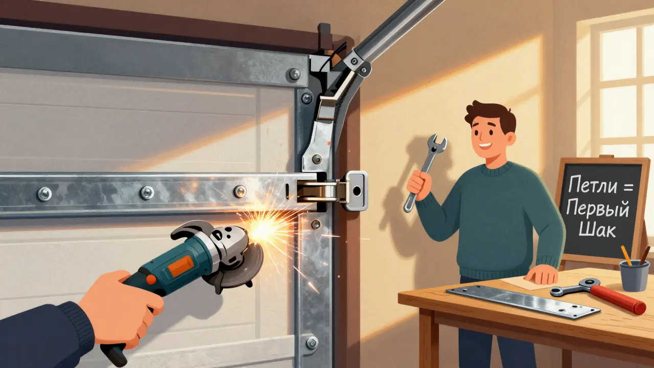 Детализированный разрез петли гаражных ворот с усиленной стальной конструкцией и улыбающимся хозяином.