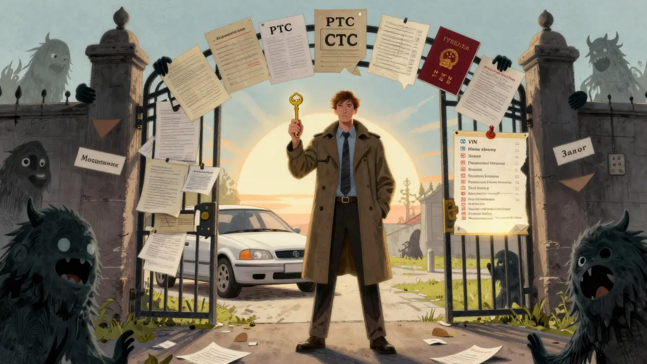 Герой открывает ворота из документов, за ними — чистая машина под рассветом.