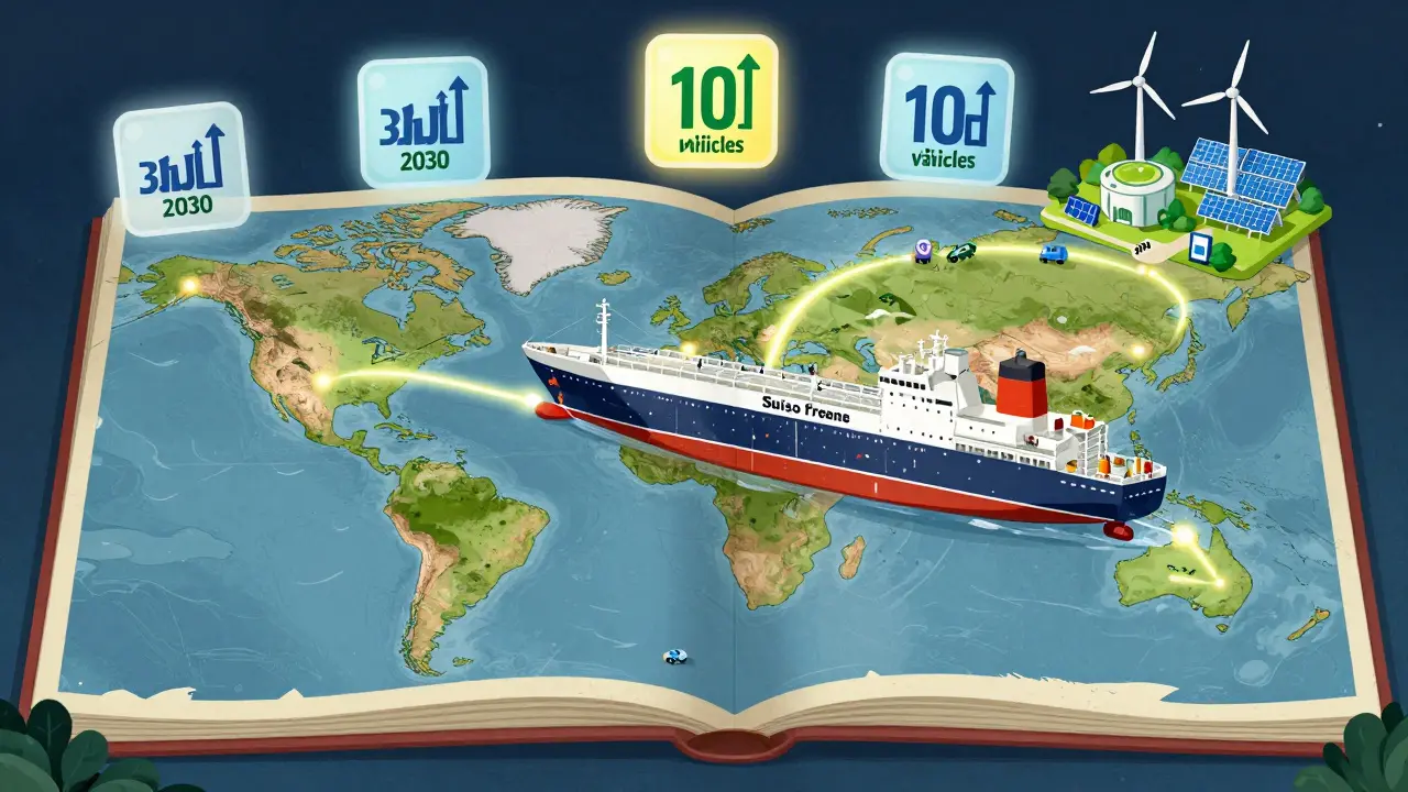 Глобальная карта с маршрутами водородных поставок и ростом числа автомобилей к 2030 году.