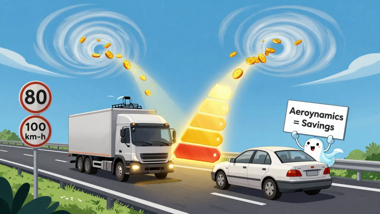 Грузовик и легковая машина едут по трассе в зоне оптимальной скорости 80-100 км/ч, с визуализацией экономии топлива и улучшенной аэродинамики.
