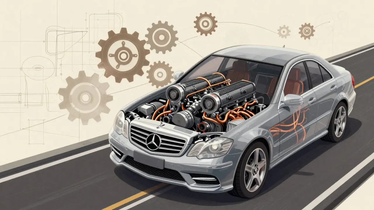 Иллюстрация двигателя V12 с символами скорости и надежности под капотом.
