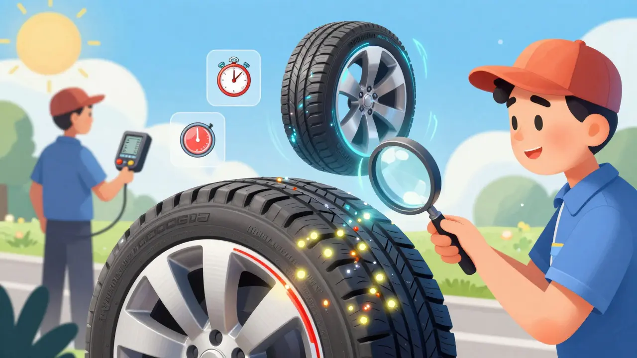 Механик показывает внутренние технологии шин: силикагель, адаптивный протектор и шумопоглощение под лупой.