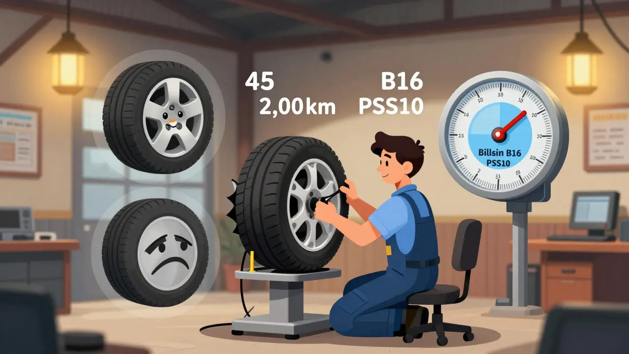 Механик регулирует развал на стенде, рядом — иконки изношенных и долговечных шин, в центре — регулируемый амортизатор.