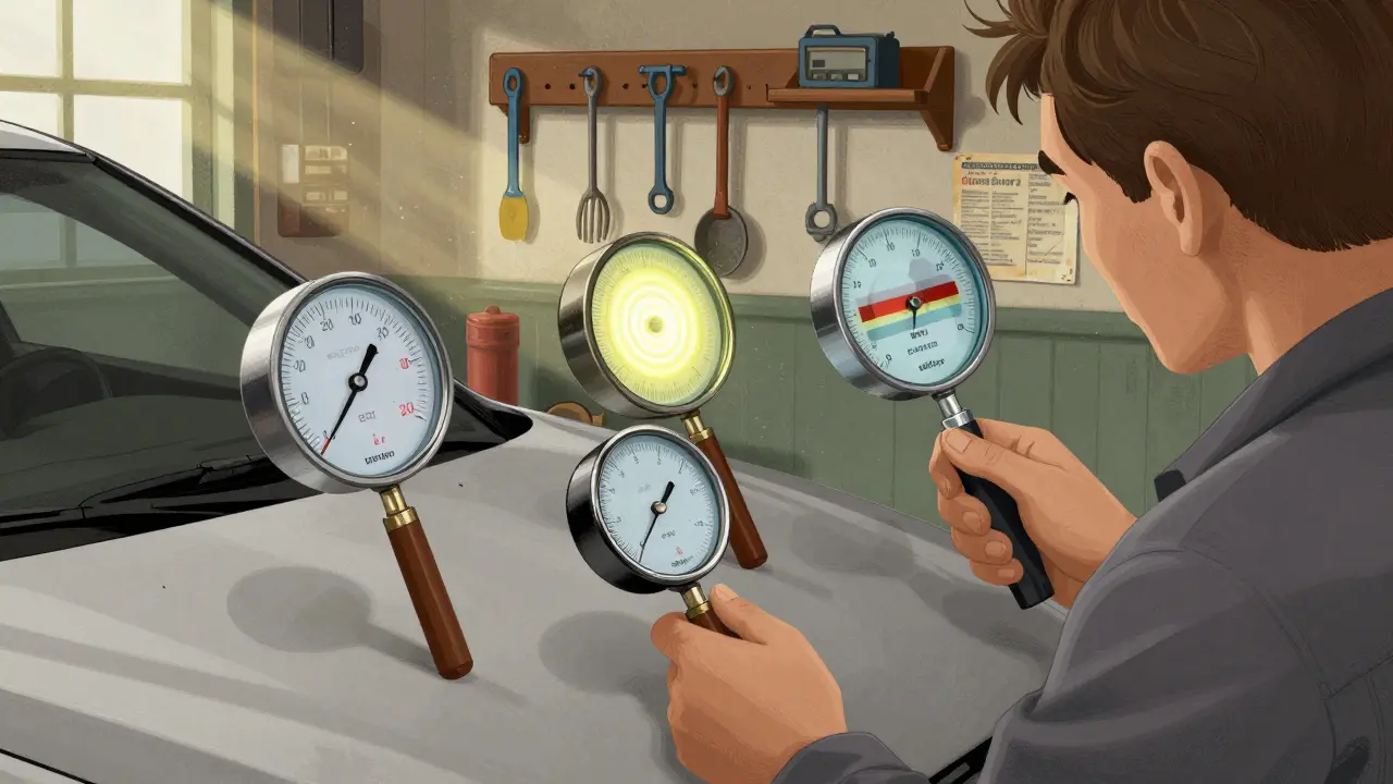 Механик сравнивает показания трёх типов толщиномеров на разных частях автомобиля в гараже.