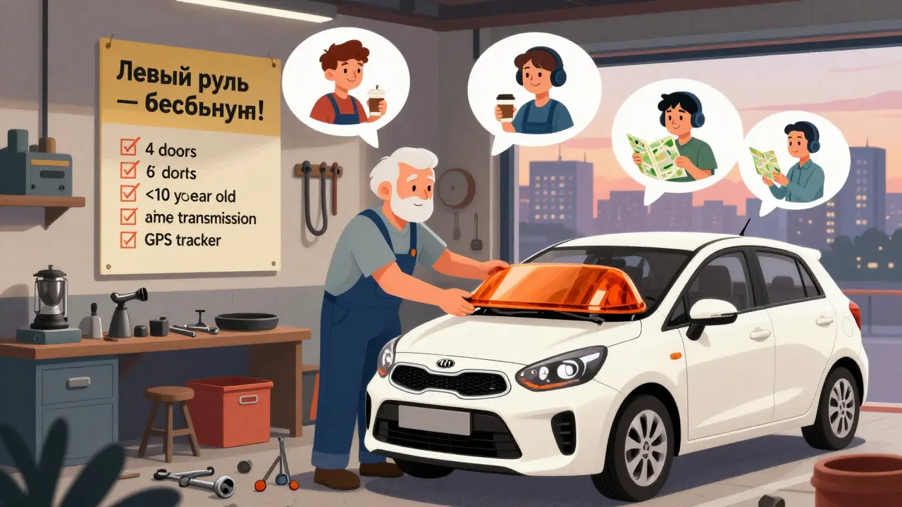 Механик устанавливает оранжевый фонарь на Kia Rio, вокруг — мысленные образы довольных пассажиров и список требований такси.