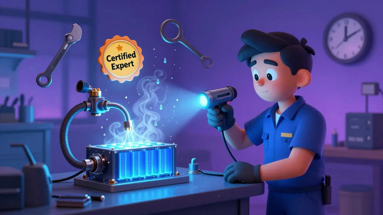 Механик в светодиодной мастерской чинит систему охлаждения Tesla, вокруг — инструменты за миллионы и табличка с обучением на 6 месяцев.