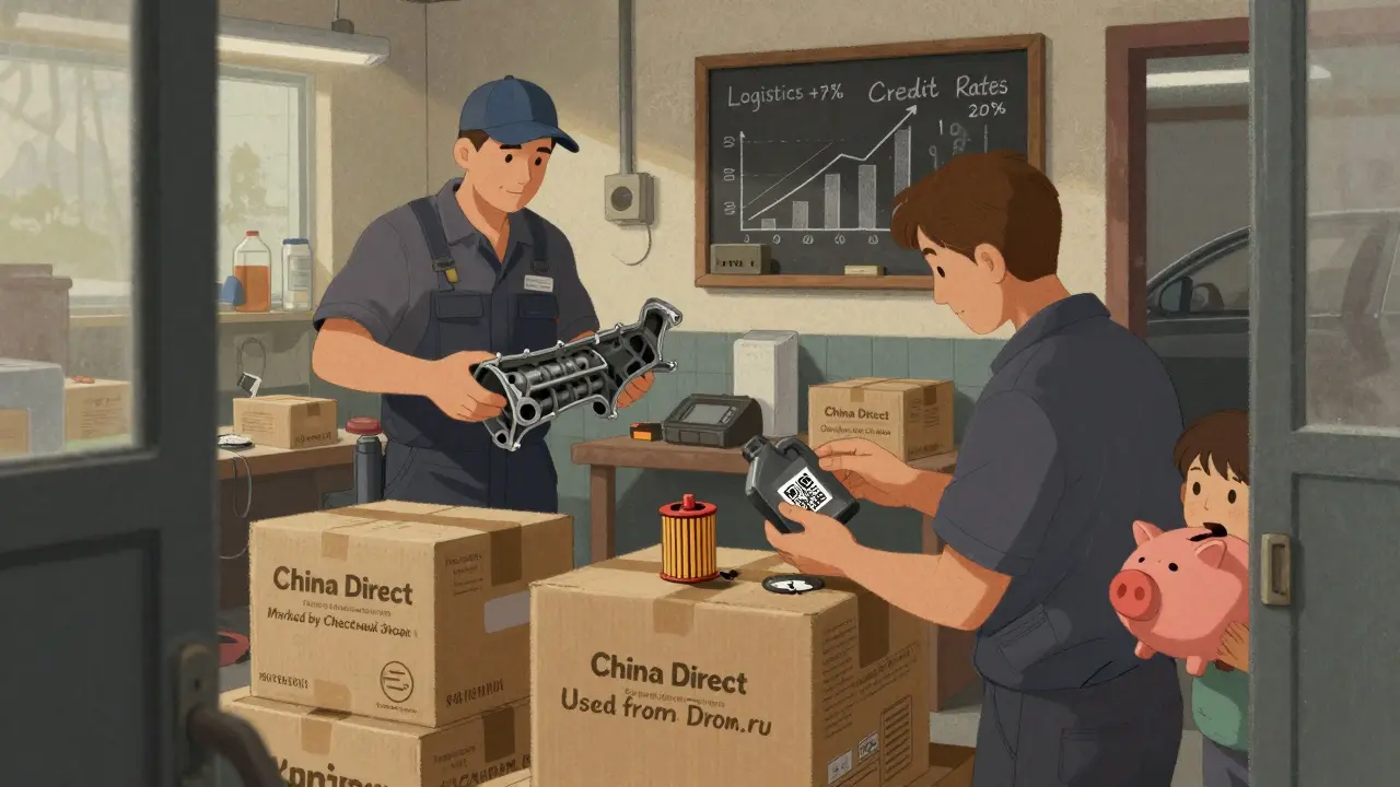 Механики в гараже работают с запчастями из Китая и маркированными деталями, на стене — графики роста цен.