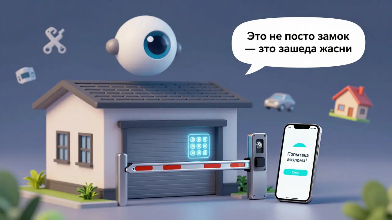 Модель гаража с электронным замком, смартфоном и ИИ-глазом, символизирующая будущее безопасности.