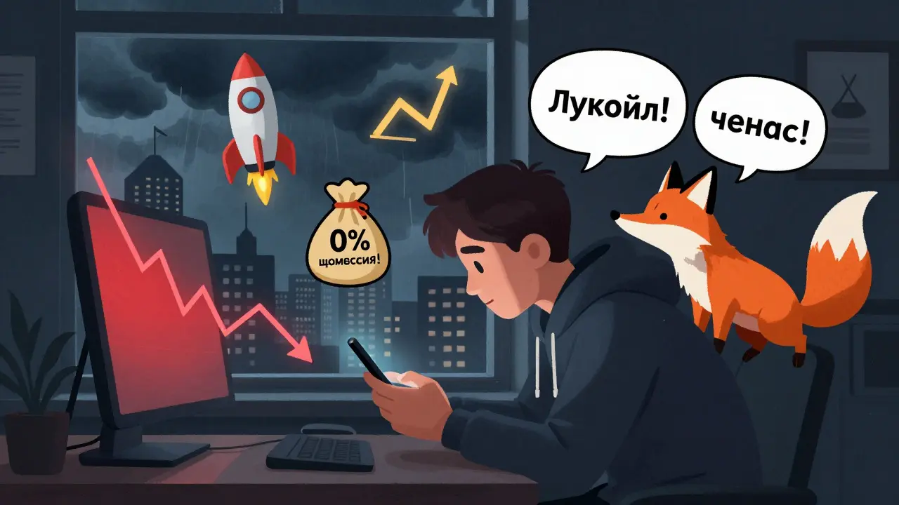 Молодой инвестор с телефоном, окруженный иллюзиями роста акций, пока его портфель падает в шторме.