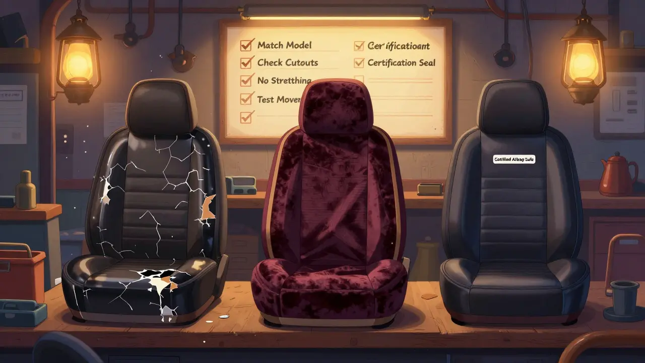 На рабочем столе три типа чехлов: дешевый, обычный и сертифицированный, рядом — чек-лист правильной установки и знак безопасности.