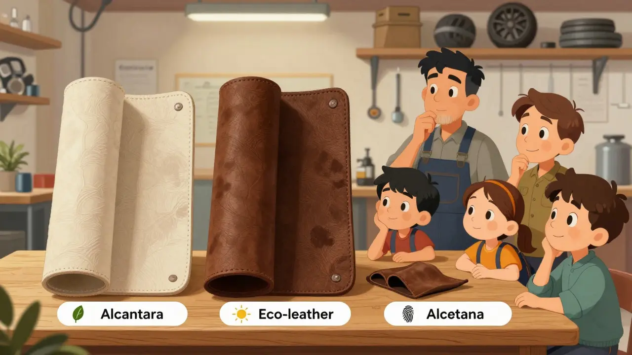 На столе три образца материалов для перетяжки салона: кожа, алькантара и экокожа, семья рассматривает их.