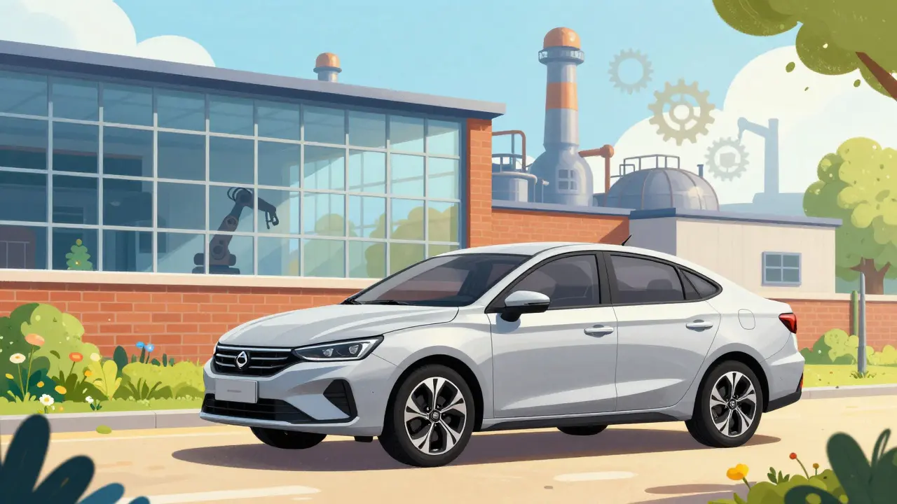 Новый современный автомобиль на фоне технологичной фабрики