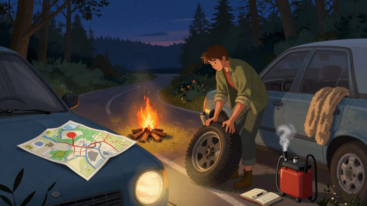 Одинокий путешественник меняет колесо у машины в лесу при свете фар и костра.