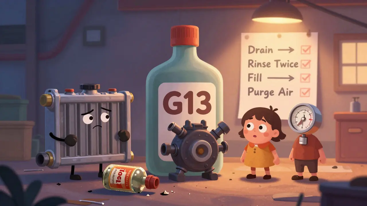 Персонифицированные детали авто стоят перед бутылкой G13, старый Tosol разбит на полу.