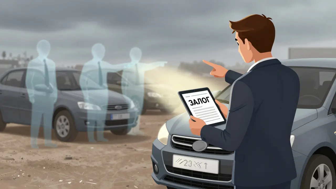 Покупатель смотрит на предупреждение о залоге на экране, рядом — призраки прошлых владельцев.