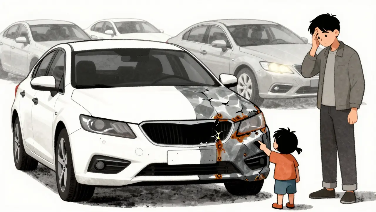 Разделённая машина: одна сторона — заводская, другая — скрытый ремонт с трещинами и ржавчиной.