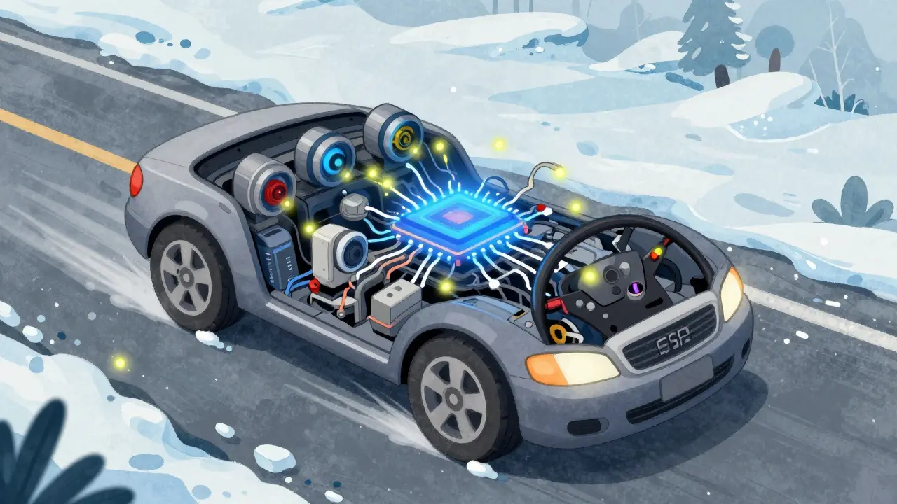 Разрез автомобиля, показывающий работающие датчики и центральный процессор ESP, светящийся синим светом на ледяной дороге.