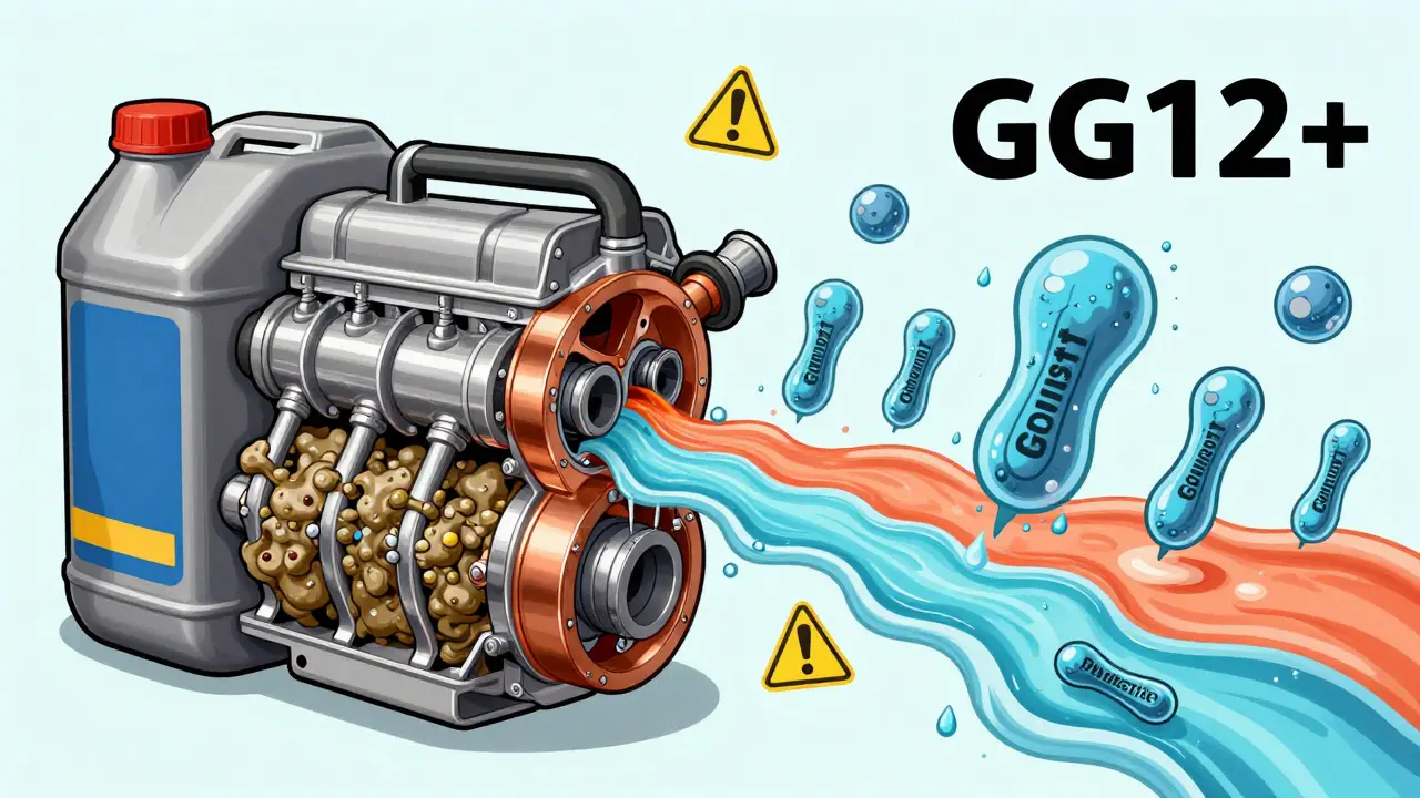 Разрез двигателя: старый антифриз с осадком и современный с целенаправленной защитой.
