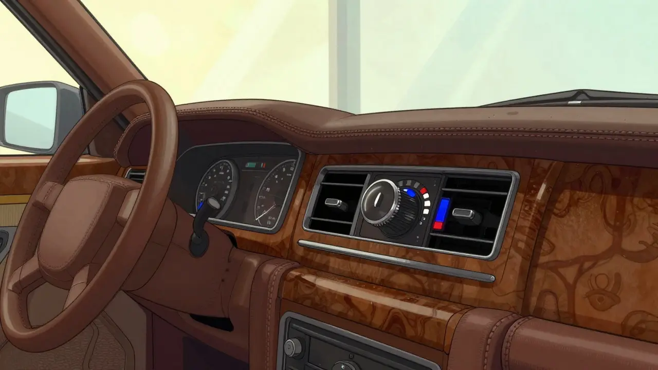 Роскошный салон с кожаной обивкой, деревом и аналоговым климат контролем.