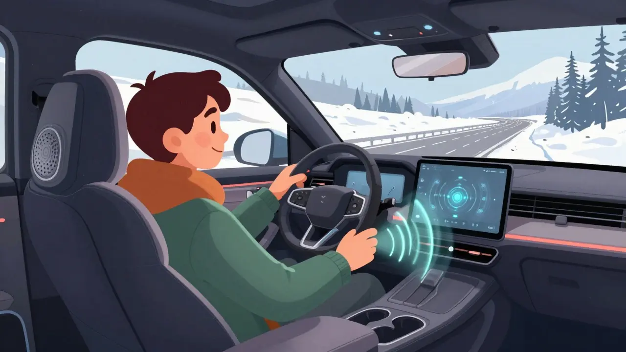 Салон автомобиля 2027 года с динамиками в сиденьях, звук обволакивает водителя, за окном — зимняя дорога.