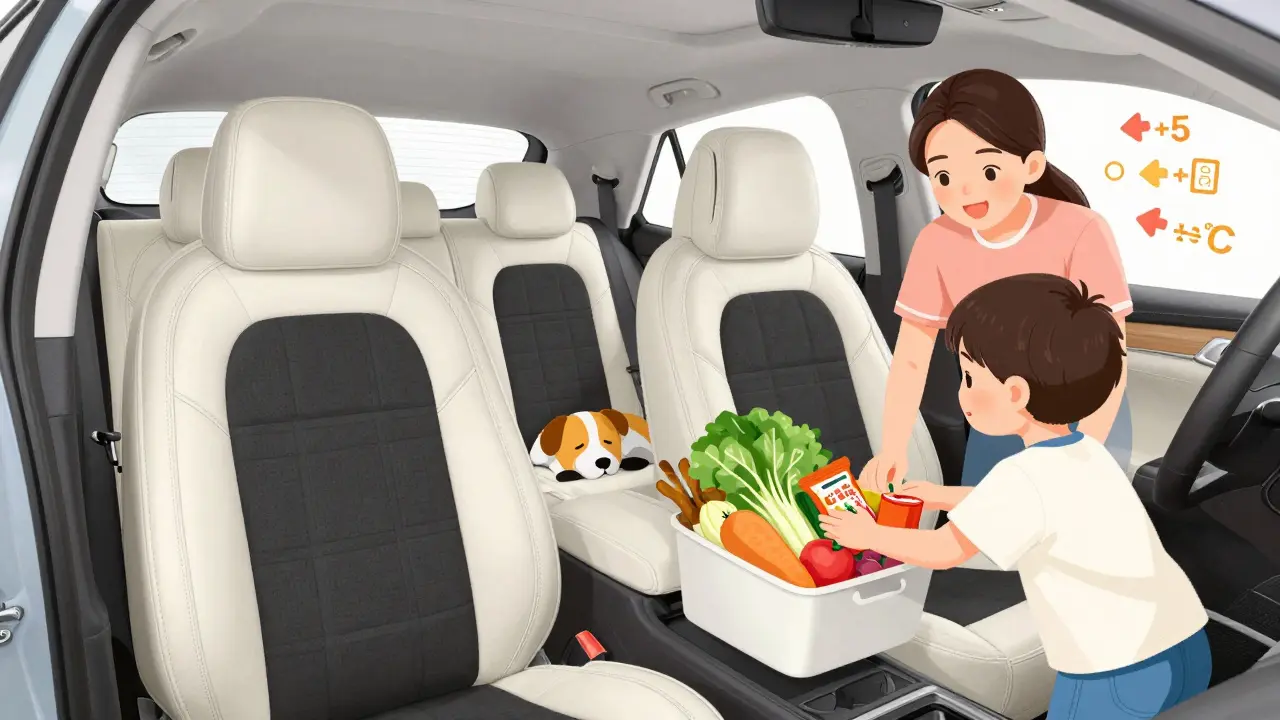 Семья с собакой в машине с комбинированными чехлами, температура внутри комфортная, дети не скользят на сиденьях.