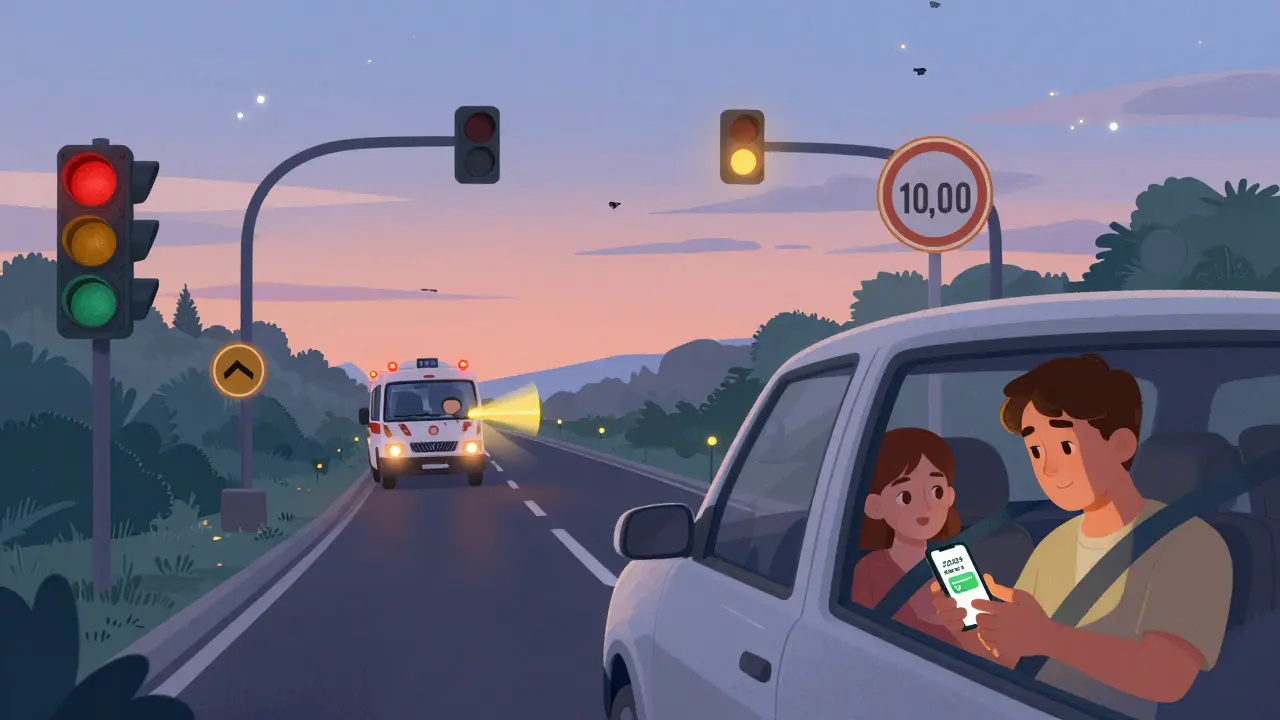 Семья в машине проверяет навигатор, пока мимо проезжает скорая.