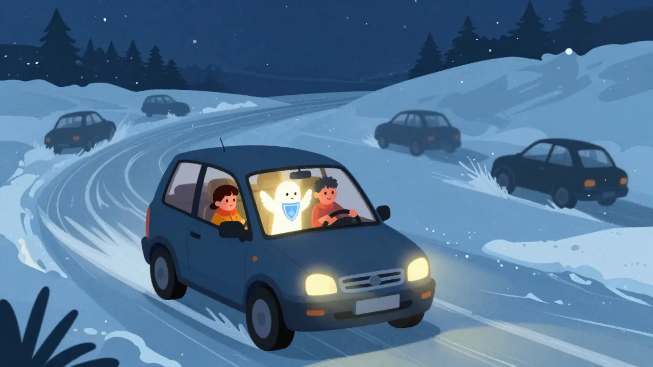Семья в машине спокойно едет по льду, в то время как другие автомобили теряют управление — ESP изображён как светящийся ангел-хранитель.