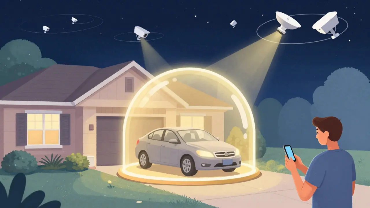 Спутники и защитный купол над автомобилем в ночном городе