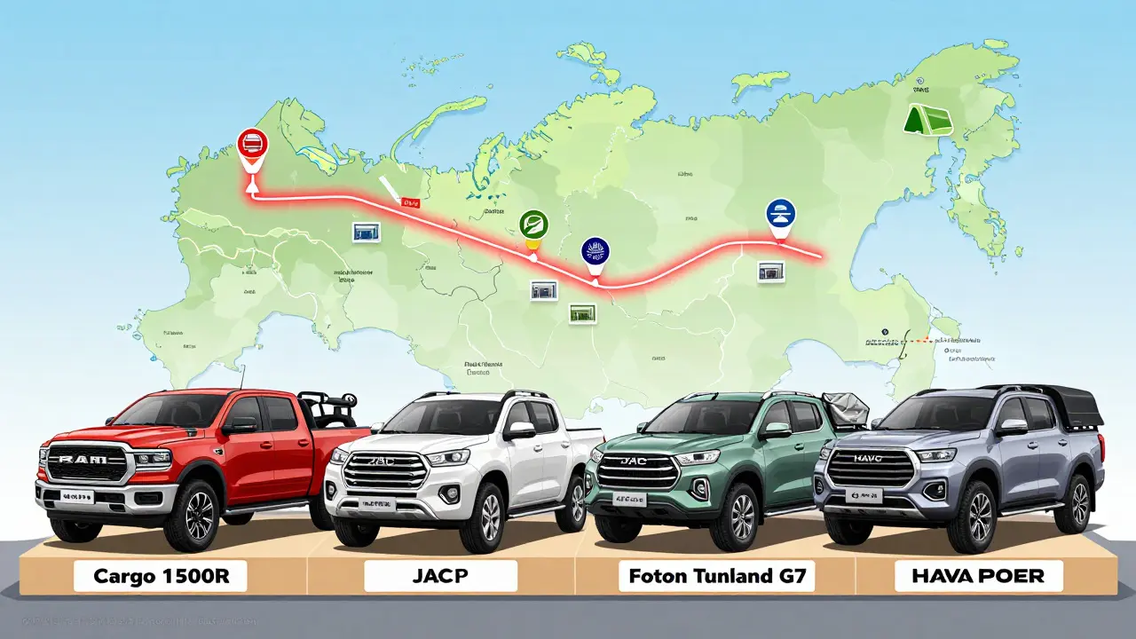Сравнение четырех моделей пикапов с ключевыми характеристиками и картой сервисных центров.