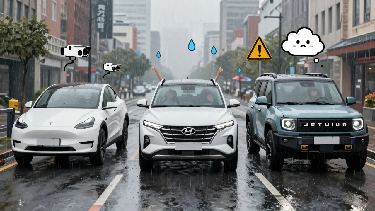 Три автомобиля с разными системами удержания полосы: одна дергается, другая плавно едет, третья мягко поправляет курс под дождем.