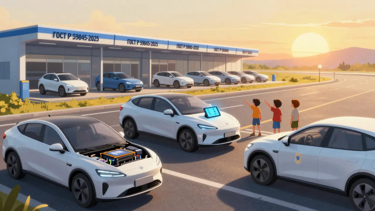 Три электромобиля ремонтируют на обочине: один — с заменой модуля, второй — с обновлением ПО, третий — с новым сертификатом, на фоне растущие сервисные центры.