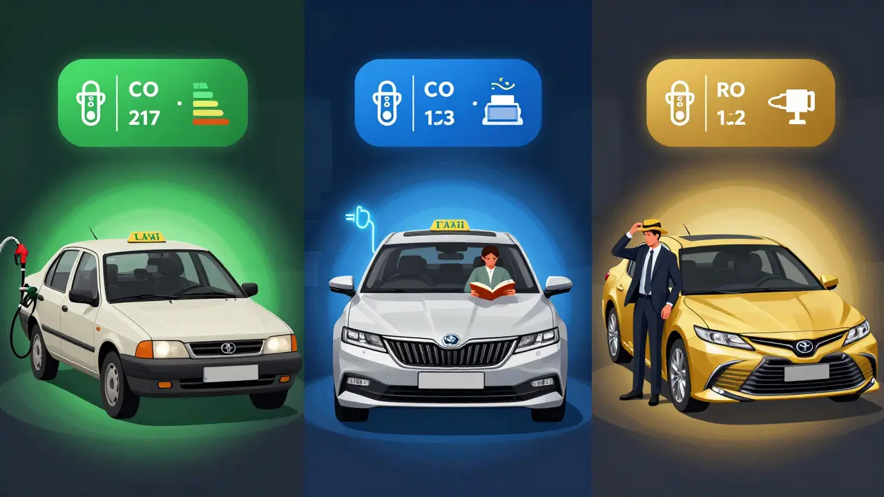 Три такси разных классов: эконом, комфорт и бизнес — с символами расхода топлива, оценок пассажиров и стоимости ремонта.