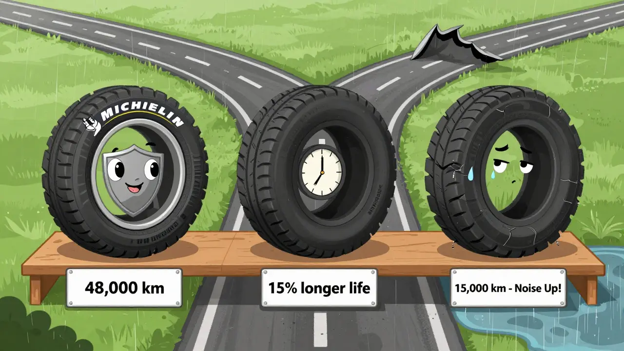 Три типа шин как персонажи: премиум — уверенный, средний — спокойный, бюджетный — уставший и треснутый.