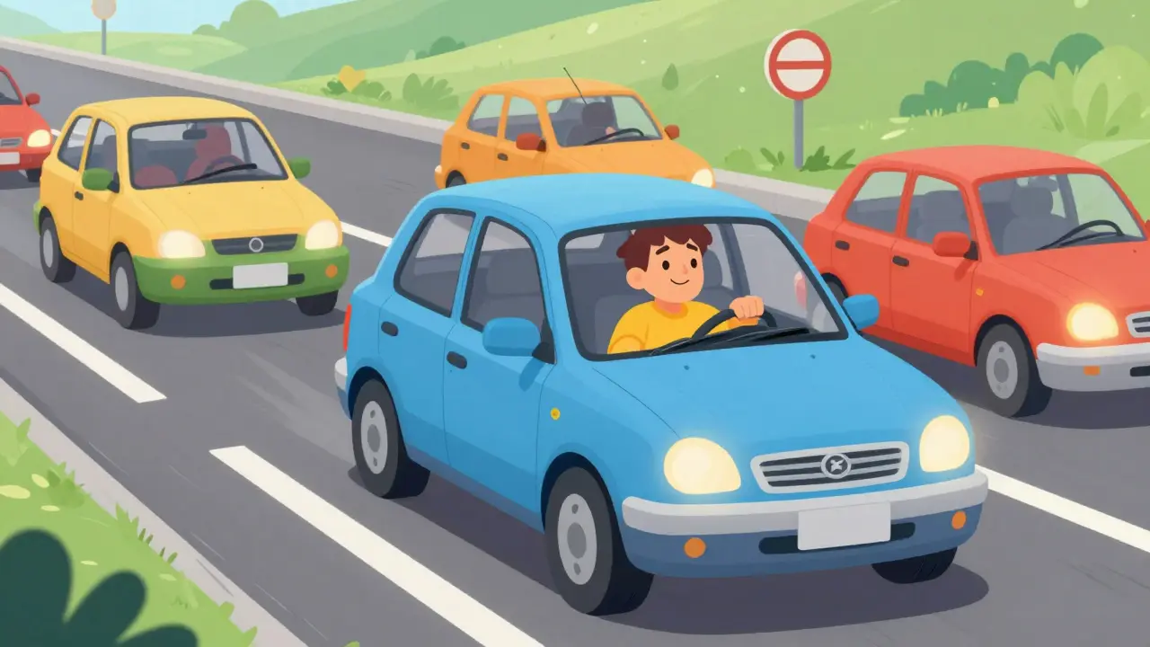 Уверенный водитель едет в потоке, соблюдая дистанцию и поворотники.