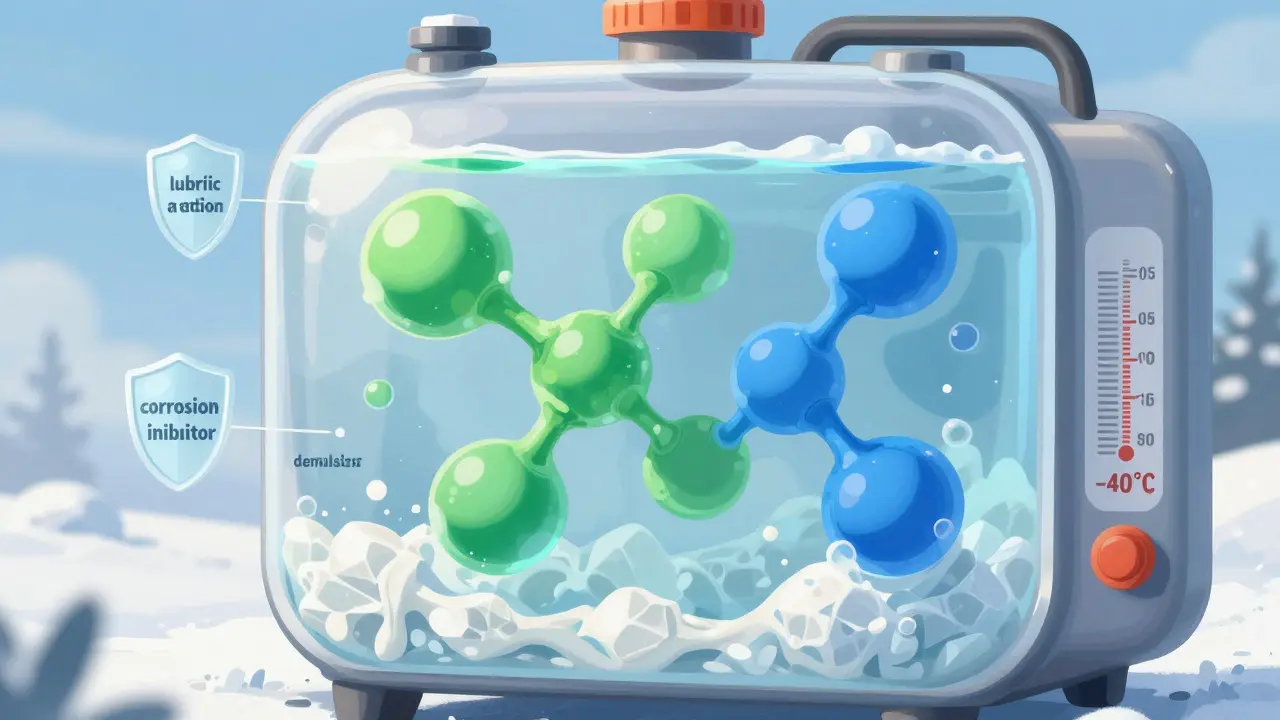 Внутри топливного бака молекулы антигеля препятствуют образованию парафиновых кристаллов.