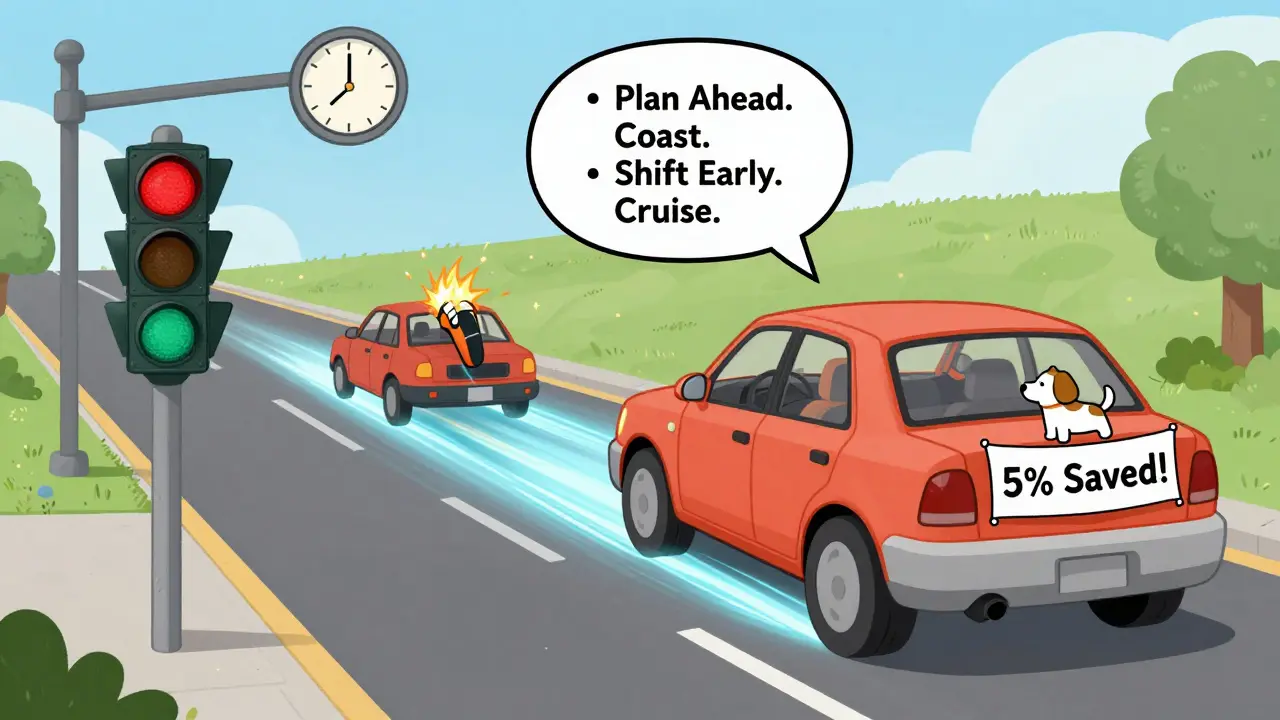 Водитель использует инерцию для движения к светофору, не тормозя, в то время как другой водитель резко тормозит — показано сравнение эффективных и неэффективных привычек.
