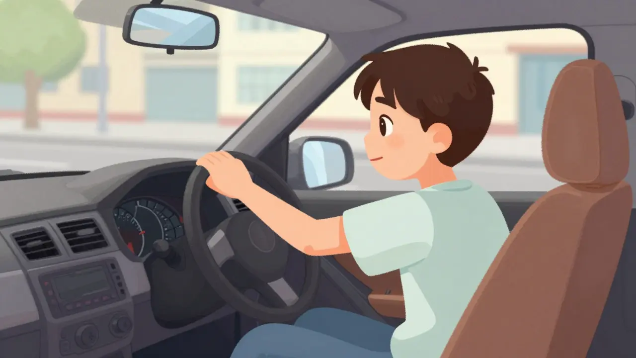 Водитель настраивает зеркала и проверяет слепые зоны перед поездкой.