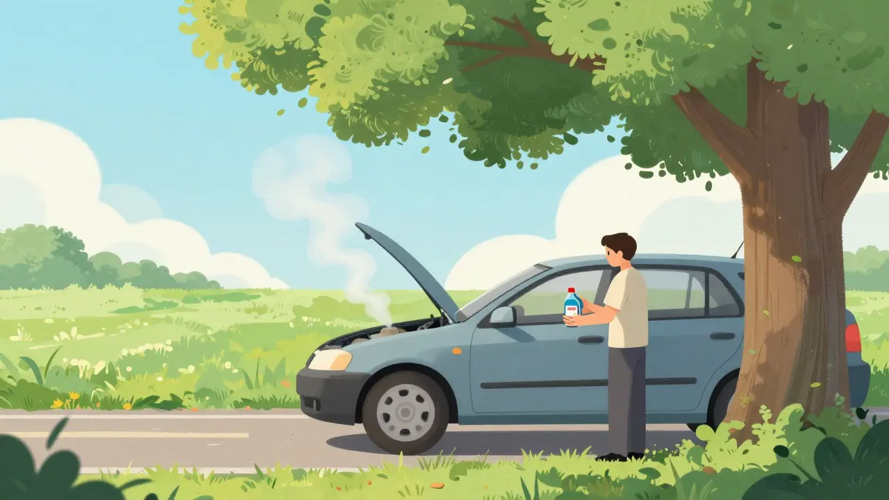 Автомобиль с открытым капотом стоит в тени дерева после перегрева двигателя