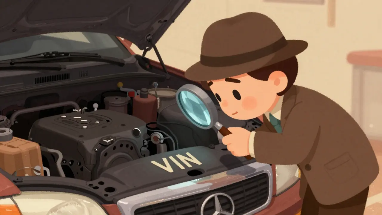 Человек с лупой проверяет VIN-код автомобиля под капотом