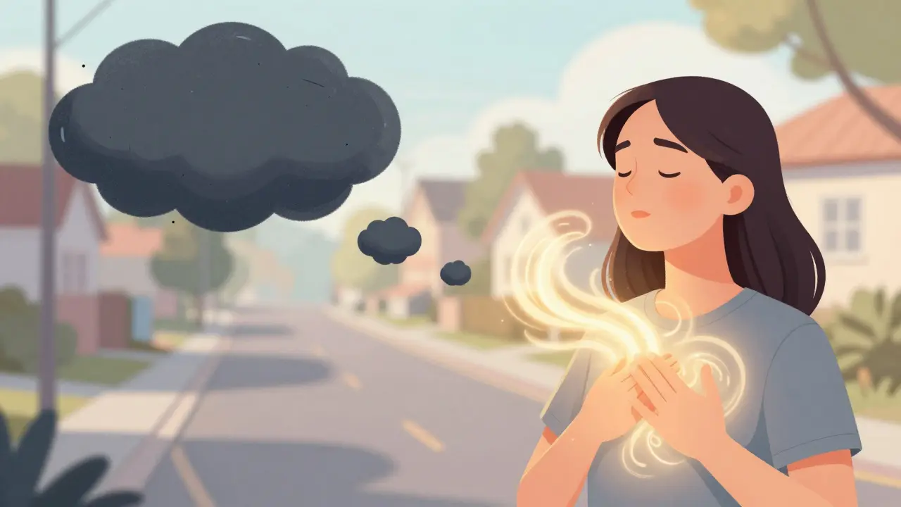 Человек за рулем практикует дыхательные техники для успокоения в спокойной обстановке