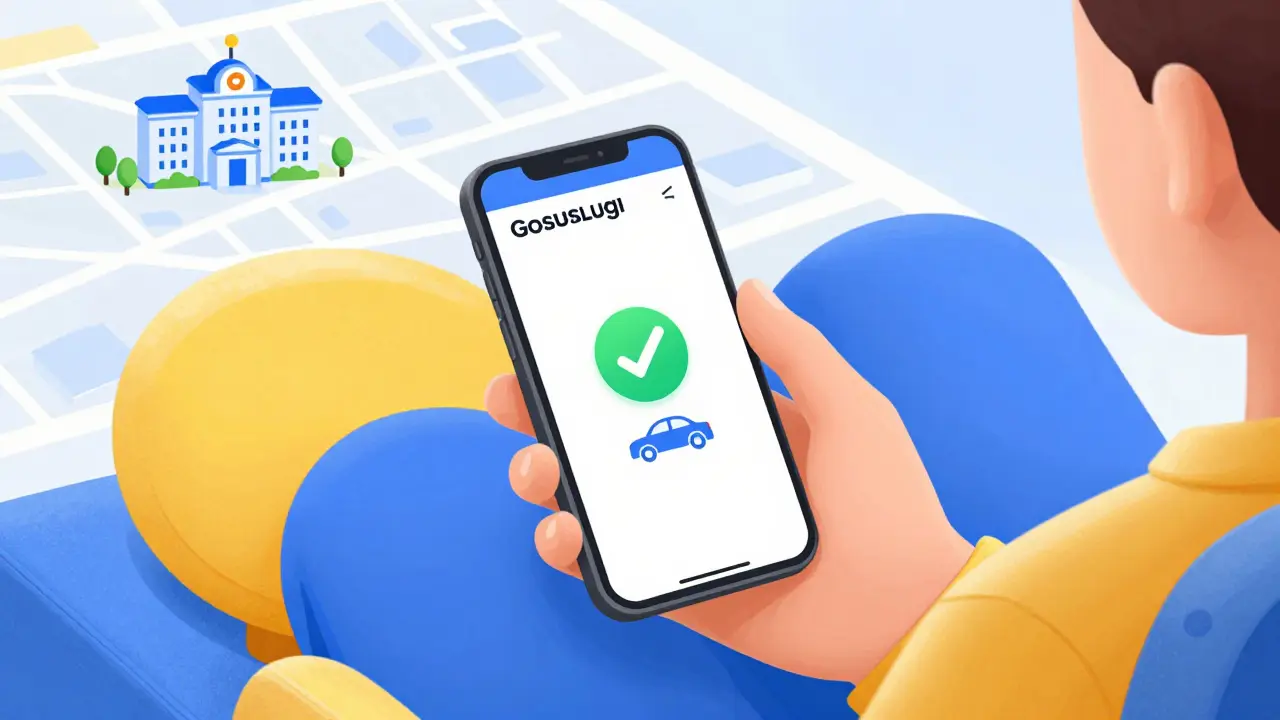 Человек записывается на переоформление авто через портал Госуслуги в смартфоне