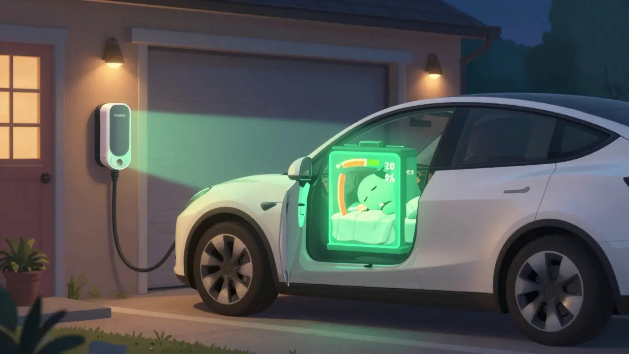 Электромобиль в гараже с домашней зарядкой и спящим персонажем-батареей