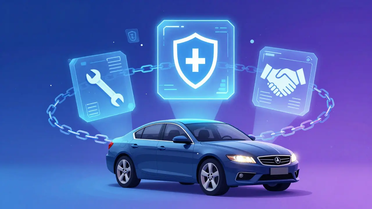 Футуристическое изображение автомобиля с цифровой историей в блокчейне