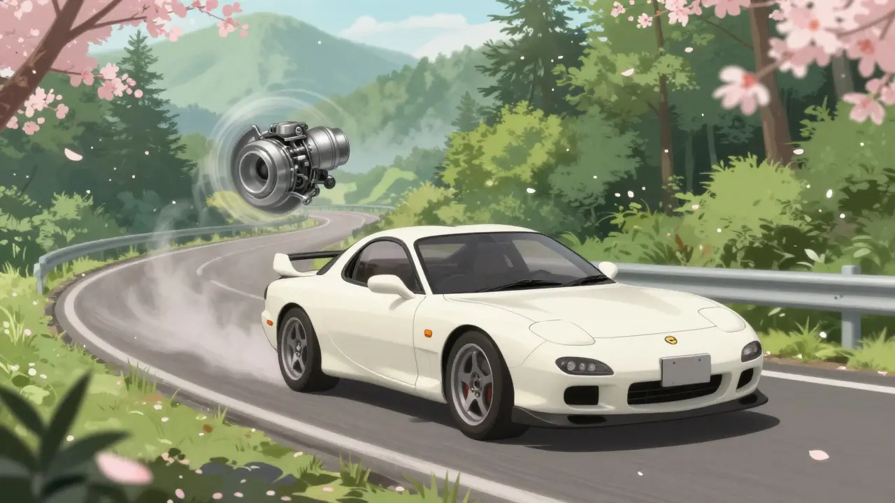 Иллюстрация Mazda RX-7 на извилистой горной дороге с сакурой