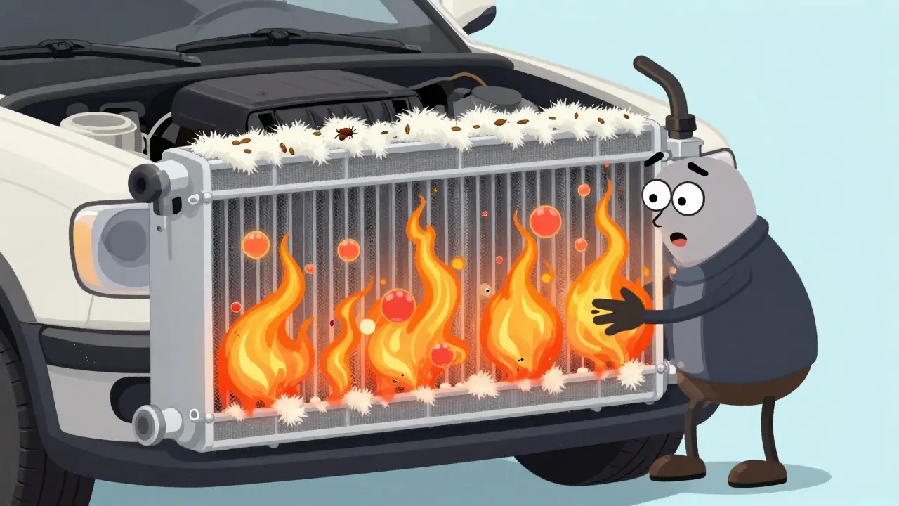 Иллюстрация радиатора автомобиля, забитого пухом и насекомыми, что вызывает перегрев