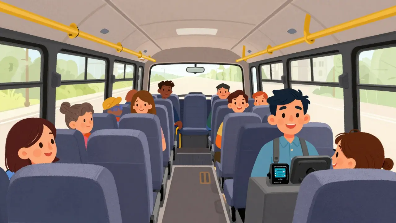 Интерьер автобуса класса III с пассажирами и цифровым тахографом на приборной панели