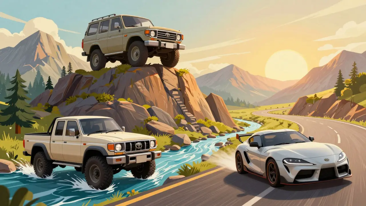 Легендарные модели Land Cruiser, Hilux и Supra в различных природных условиях