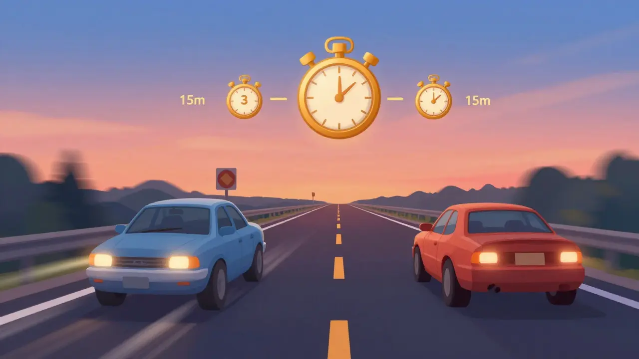 Обгон двух автомобилей с таймером безопасного времени на трассе