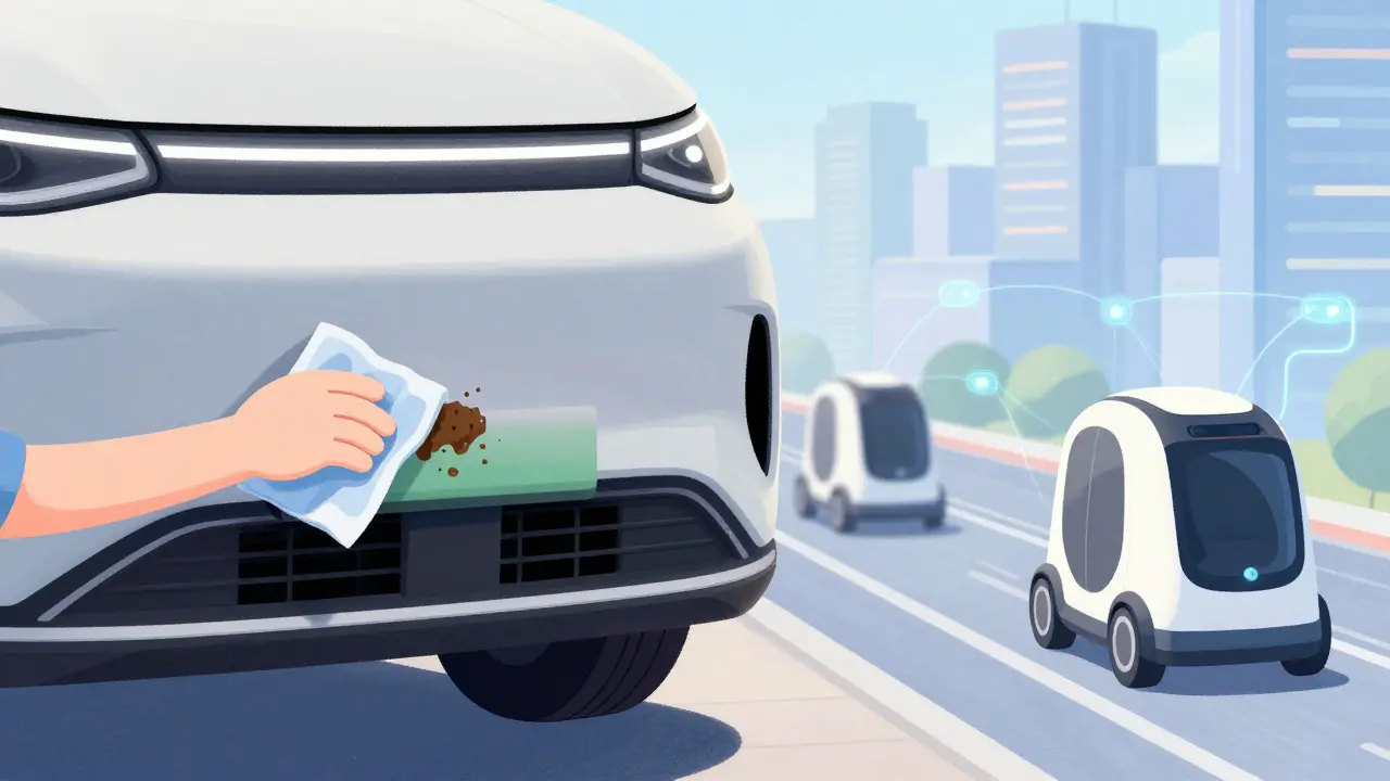 Очистка датчика автомобиля и вид на город будущего с беспилотниками