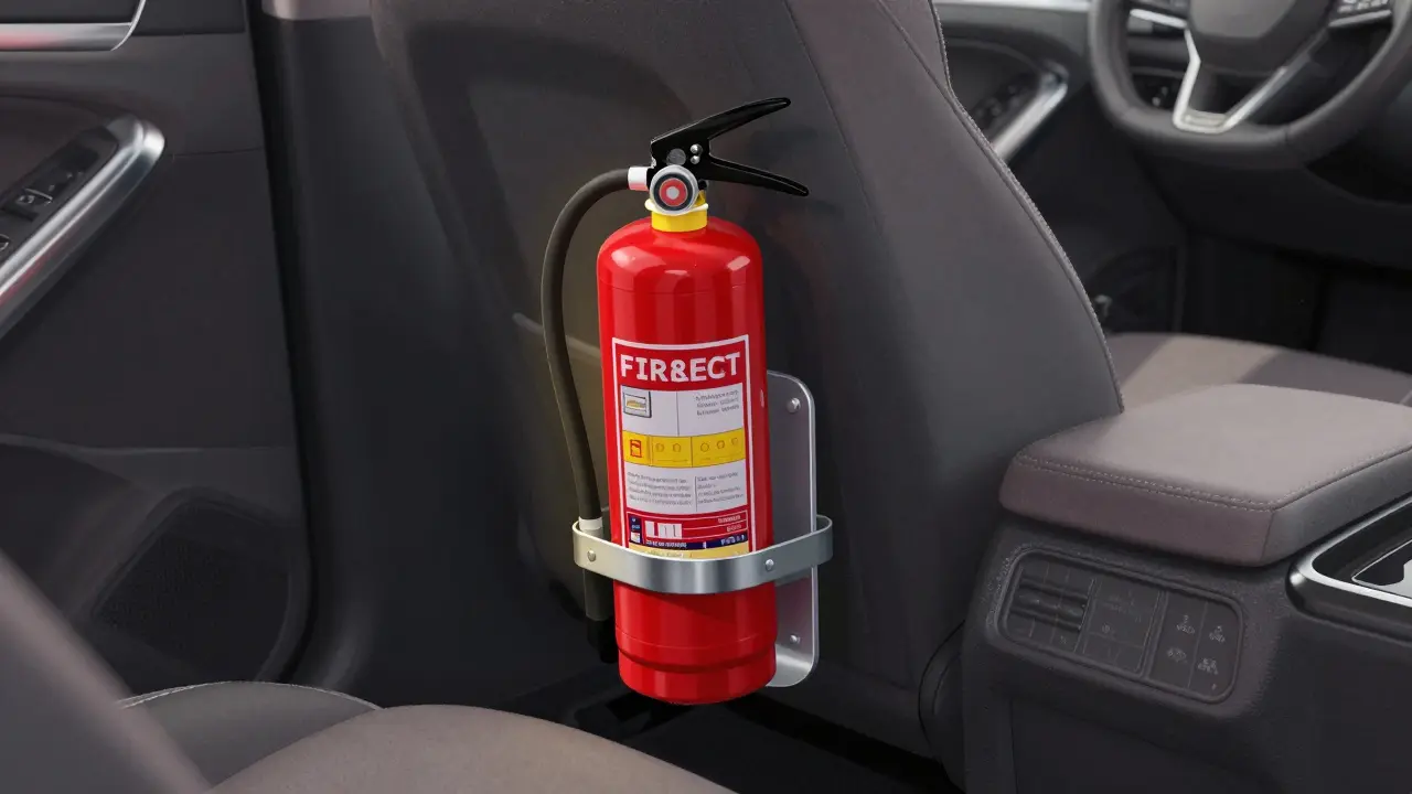 Огнетушитель, надежно закрепленный в специальном кронштейне под сиденьем авто